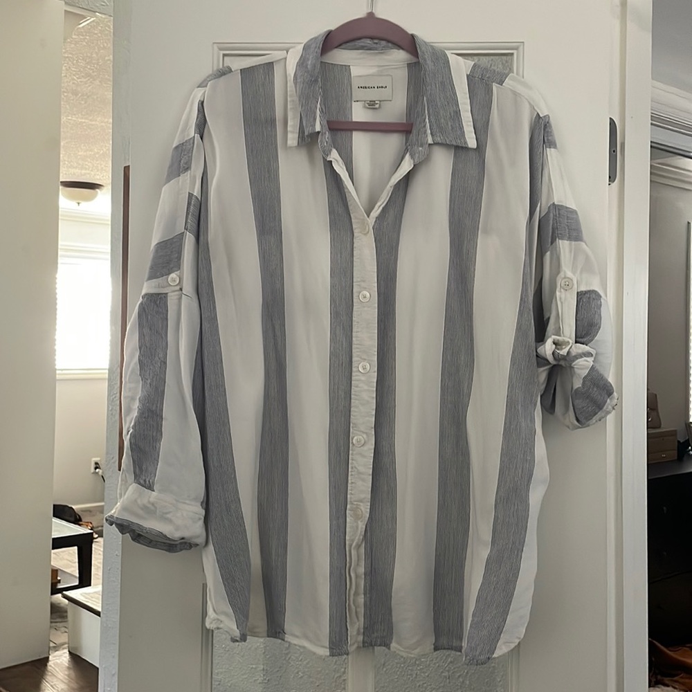 American Eagle oversized button down, size small, grey and white stripes